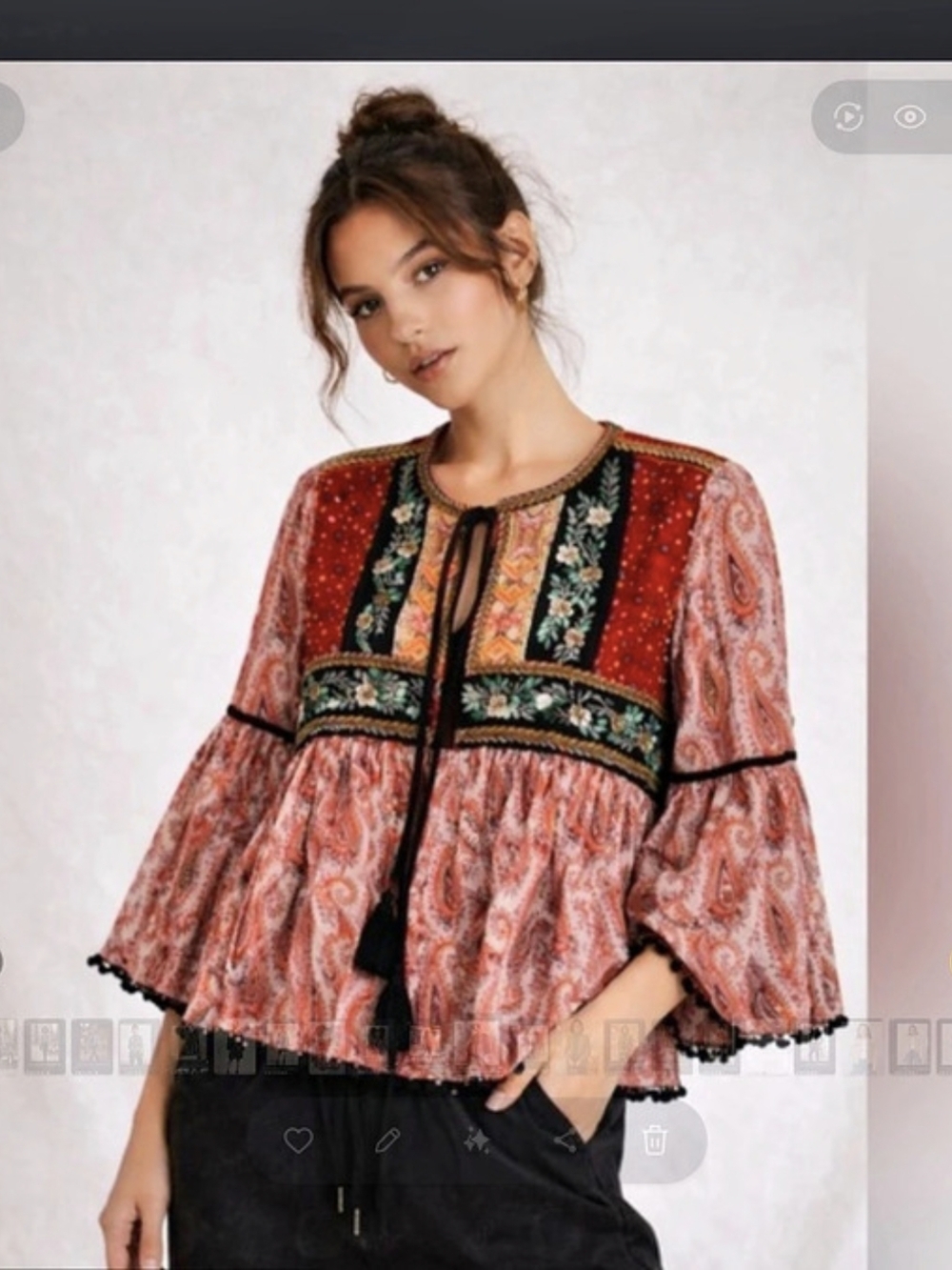 Zara Paisley Embellished Blouse in Red & Black Size Medium